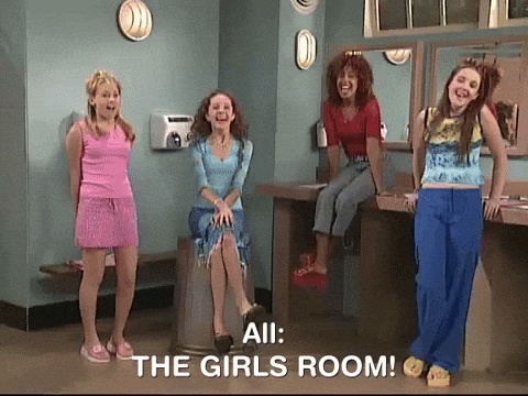 girls chatting in a bathroom with the text "ALL: THE GIRLS ROOM" from the Amanda Show